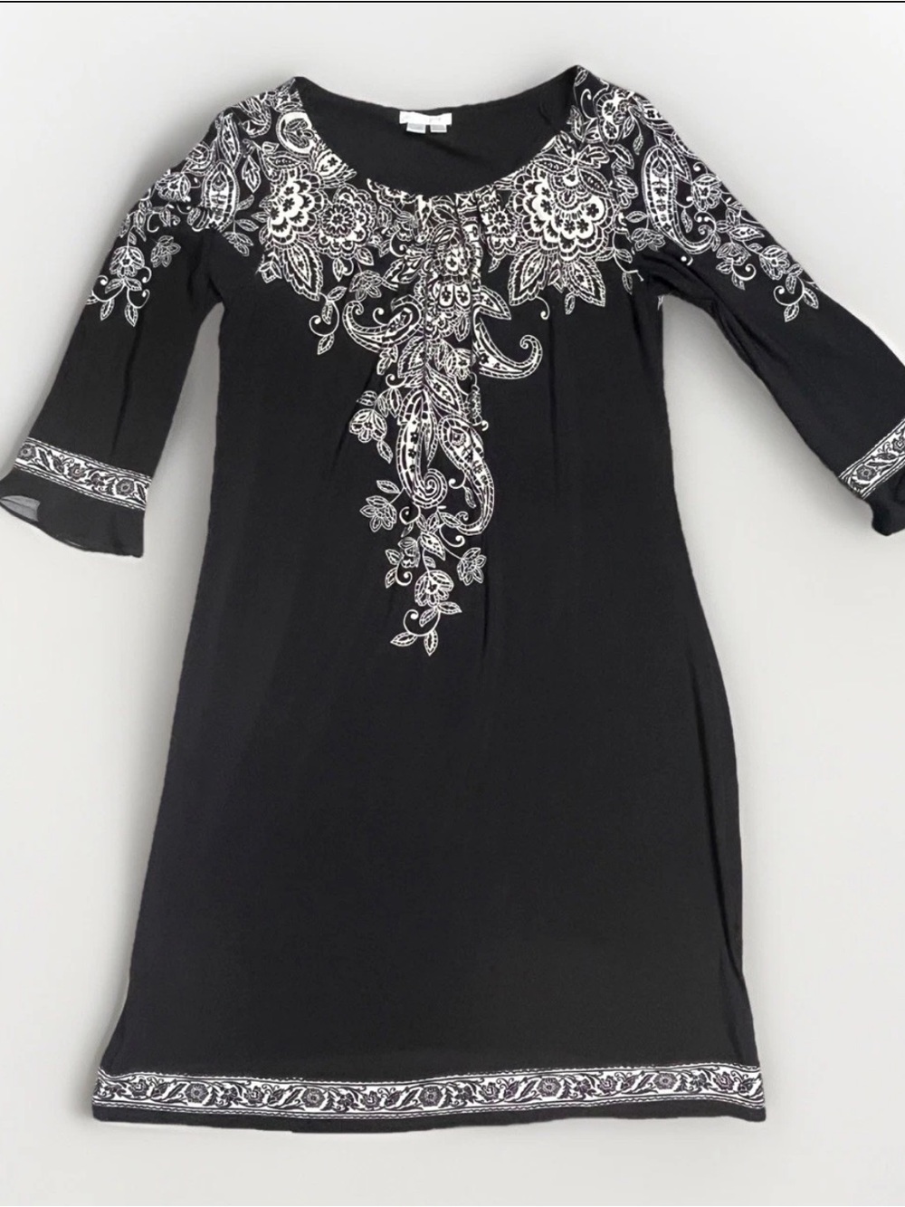London Times Dress Women’s Size 10 Black White Floral Shift Dress 3/4 Sleeve